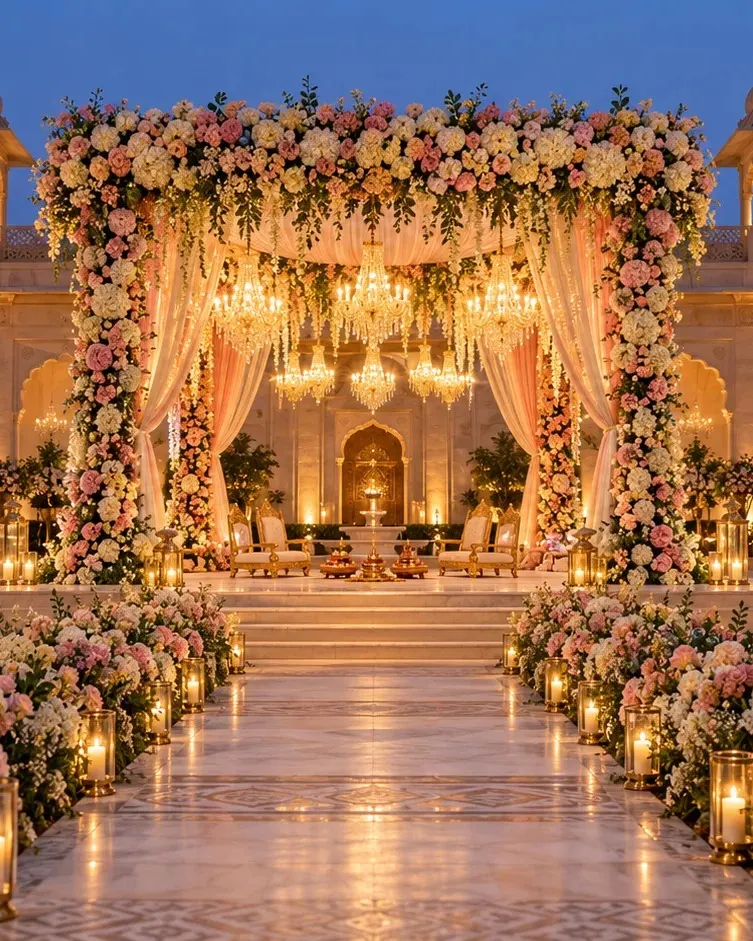 Pastel floral mandap with draped fabric and hanging chandeliers